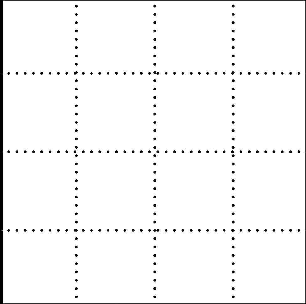 Et 4x4 gitter af punkter danner et kvadrat med ensartet fordelte linjer.