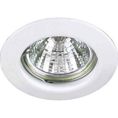 En rund, indbygget loftslampe med et skinnende, reflekterende indre og en hvid ydre ramme.