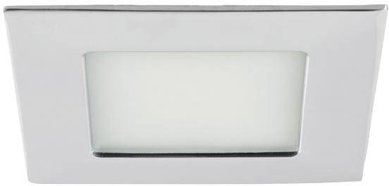 Rektangulær, flad loftslampe med sølvfarvet ramme og mat, kvadratisk glas i midten. Velegnet til moderne interiører.