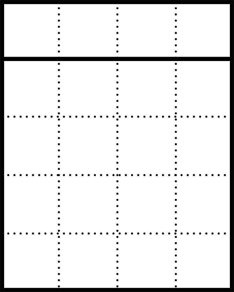 En kalender med fem vandrette linjer og fire lodrette kolonner, uden tekst eller datoer.