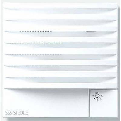En hvid Siedle-højtaler med ophøjede vandrette striber og et knapsymbol nederst til højre. Tekst: 'SSS SIEDLE'.