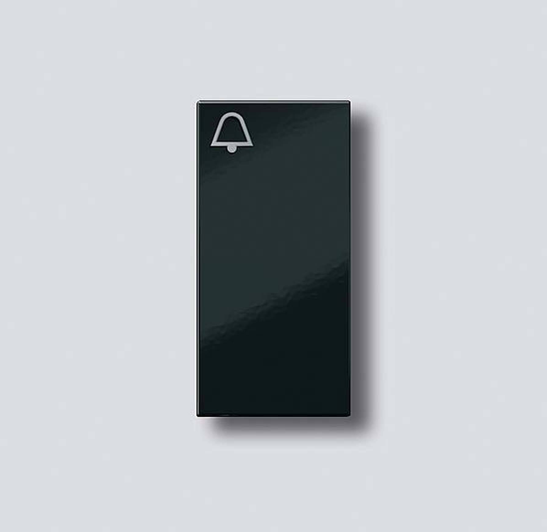 Sort firkantet kontakt med klokke-symbol på grå baggrund.