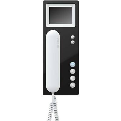 Videophone med sort-hvid skærm, betjeningsknapper og hvid håndsæt, bruges til kommunikation med besøgende.
