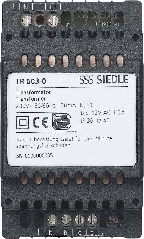 'Siedle TR 603-0 Transformer, indgang 230V~, udgang 12V DC, 100mA, til min. 30s op til maks. 40s omskiftning. Serienummer: 0000000005.'