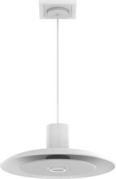Hvid, moderne pendel med rund skærm og centralt kabel, egnet til boligområder.