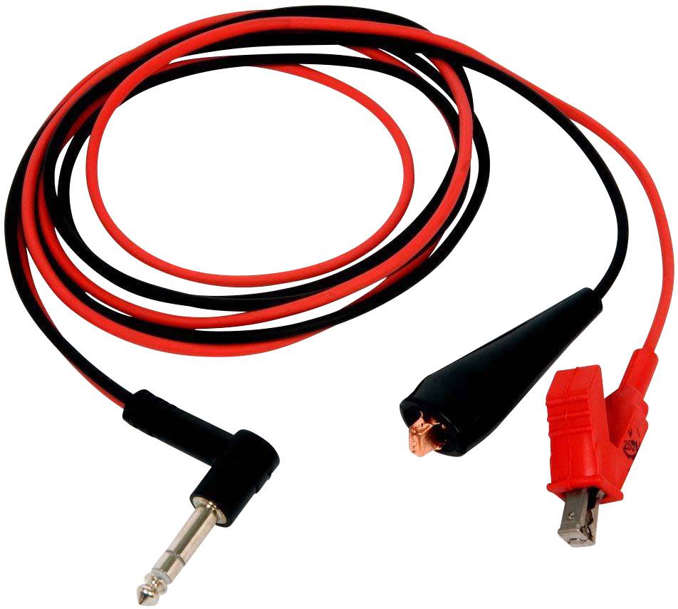 Rødt og sort kabel med et jackstik og en USB-port i enderne.