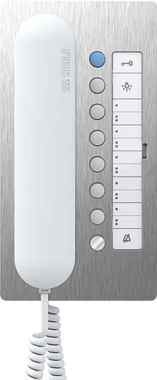 Telefonrør på en sølvfarvet metalplade med blå og hvide taster, spiralformet rørkabel, sandsynligvis en del af et dørtelefonsystem.