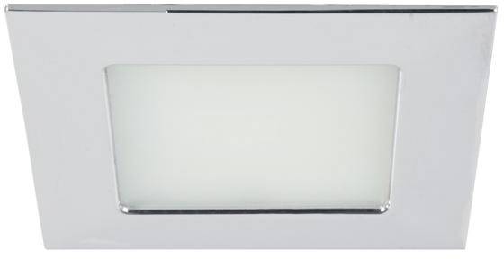 Firkantet, sølvfarvet loftslampe med hvidt lysende felt, egnet til moderne indretning.
