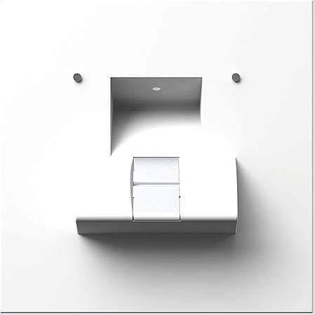 En minimalistisk, hvid vægmonteret vandhane med et rektangulært vægindsnit, en central vandhane og to små runde knapper til venstre og højre.