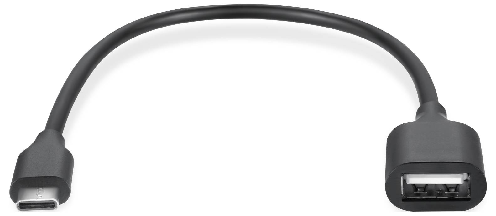 USB-C til USB-A adapterkabel, sort, viser begge stik: venstre USB-C, højre USB-A hun-stik. Forbinder enheder med forskellige USB-typer.