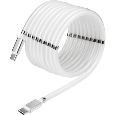 Et hvidt, spiralformet USB-C-kabel med metalclips til kabelorganisering, velegnet til hurtig opladning og dataoverførsel.