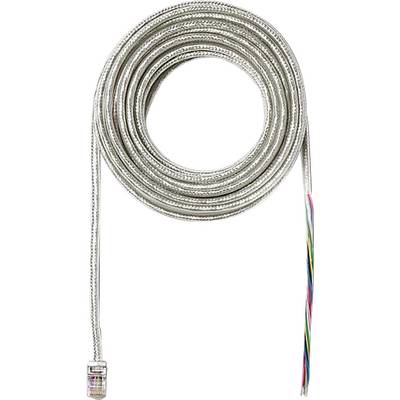 Et oprullet sølvfarvet netværkskabel med en RJ45-stik i den ene ende og åbne, farvede ledninger i den anden ende.