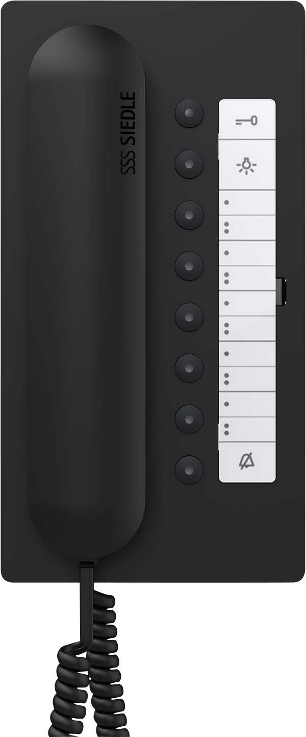 En sort telefon med flere knapper og symboler som en pære og en overstreget klokke.