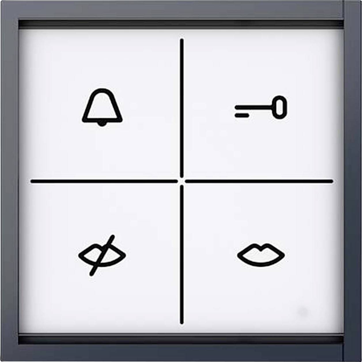 Fire symboler i et kvadrat: Klokke, nøgle, overstreget øje og læber. Hvert symbol repræsenterer en funktion.