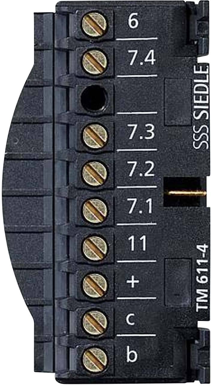 'Skiftemodul SSS Siedle TM 611-4' med nummerering af tilslutninger fra 6 til b. Skrueklemmer synlige, bruges til kabelføring.