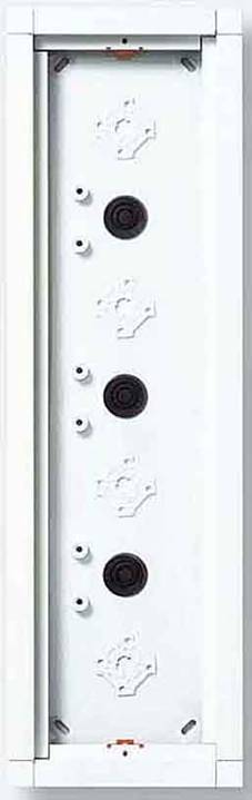 Hvidt teknisk panel med fire stopknapper og symbolske markeringer, vertikalt placeret.