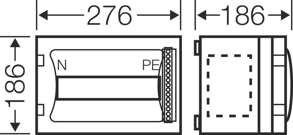 Teknisk tegning af en rektangulær komponent med dimensionerne 276 mm x 186 mm. Markeret med 'N' og 'PE' på en side.