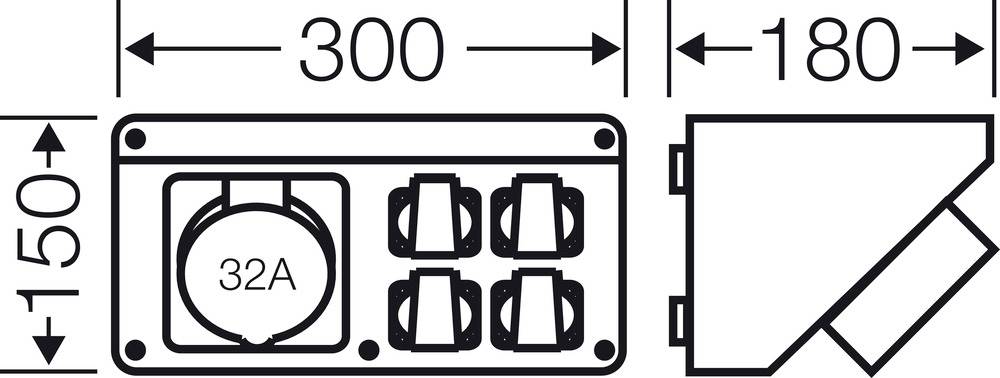 Dimensionsdiagram for en enhed med fire stikkontakter og et 32A-tilslutning. Ydre mål: 300 mm x 150 mm, sidevisning: 180 mm dyb.