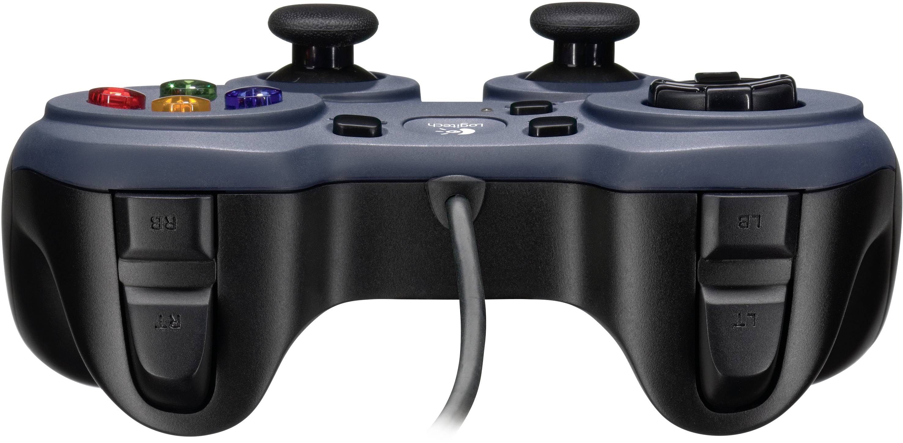 En gaming-controller med seks forreste knapper, to joysticks og et retningspad. Kablet stikker ud bagfra enheden.