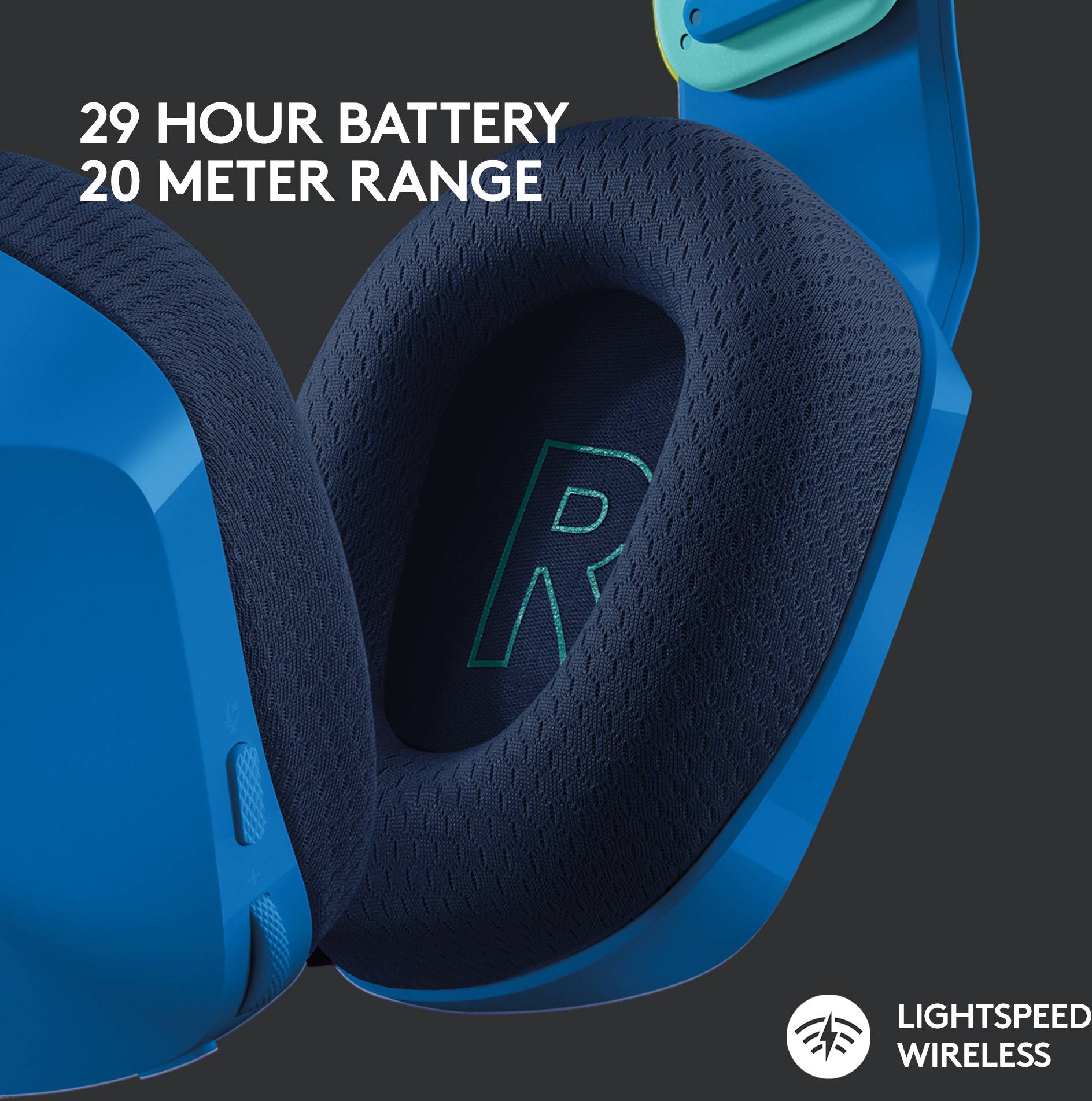 Blåt trådløst headset, 29 timers batterilevetid, 20 meters rækkevidde; Mærke 'Lightspeed Wireless'.