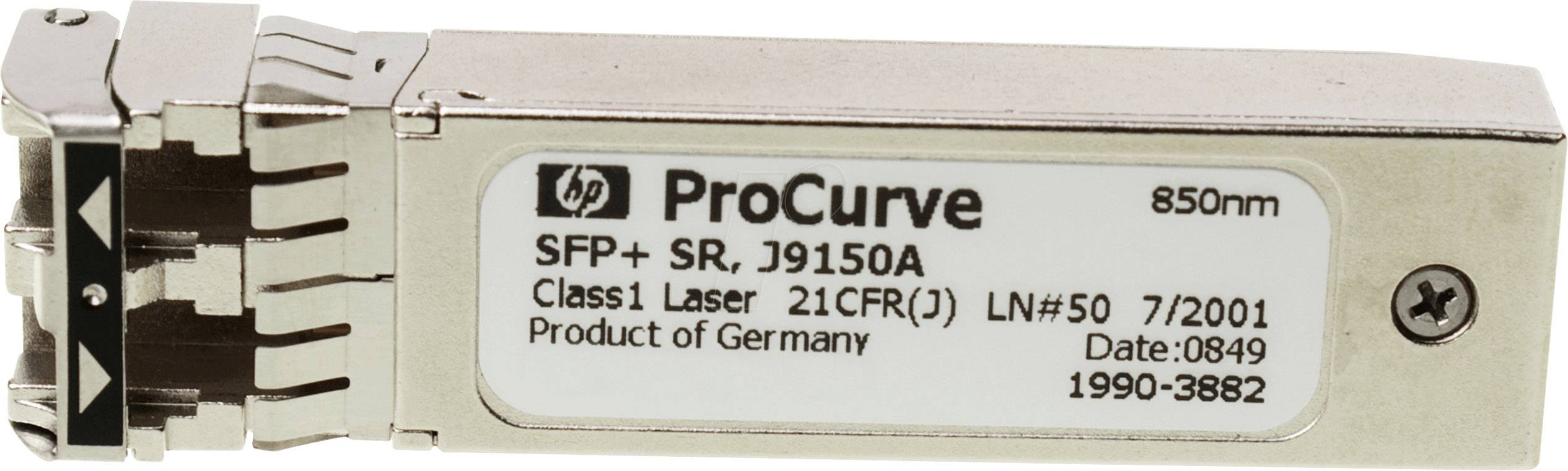 HP ProCurve SFP+ Transceiver, Model J9150A, 850nm, Klasse 1 Laser, fremstillet i Tyskland.