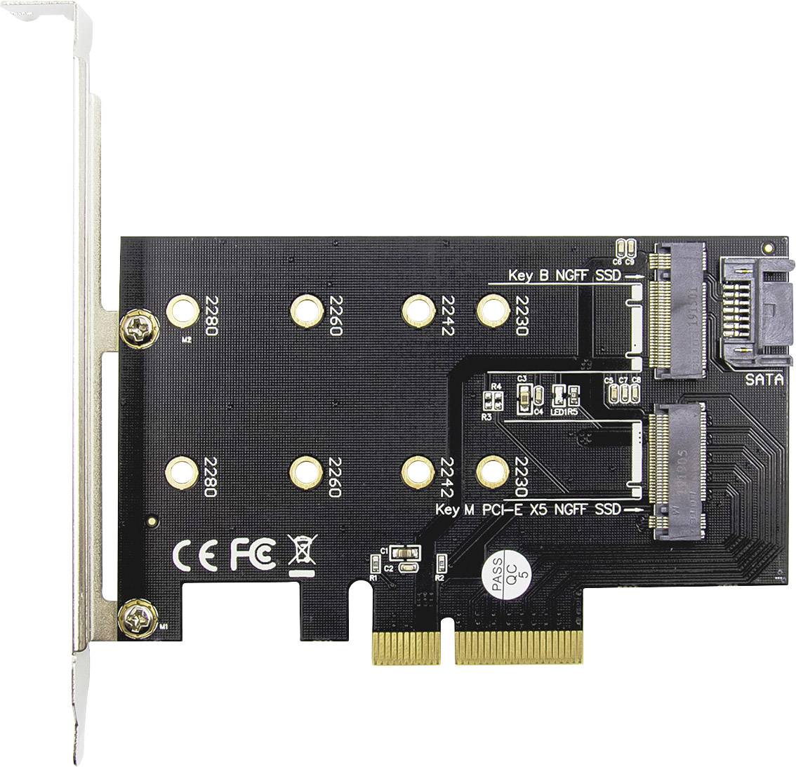 PCIe-adapterkort til M.2 NVMe SSD'er, viser stik til PCIe og SATA-forbindelser med markeringer for forskellige modulstørrelser.