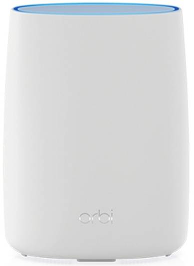 En hvid WiFi-router med en blå lysende ring øverst og påskriften 'Orbi' i midten nederst.