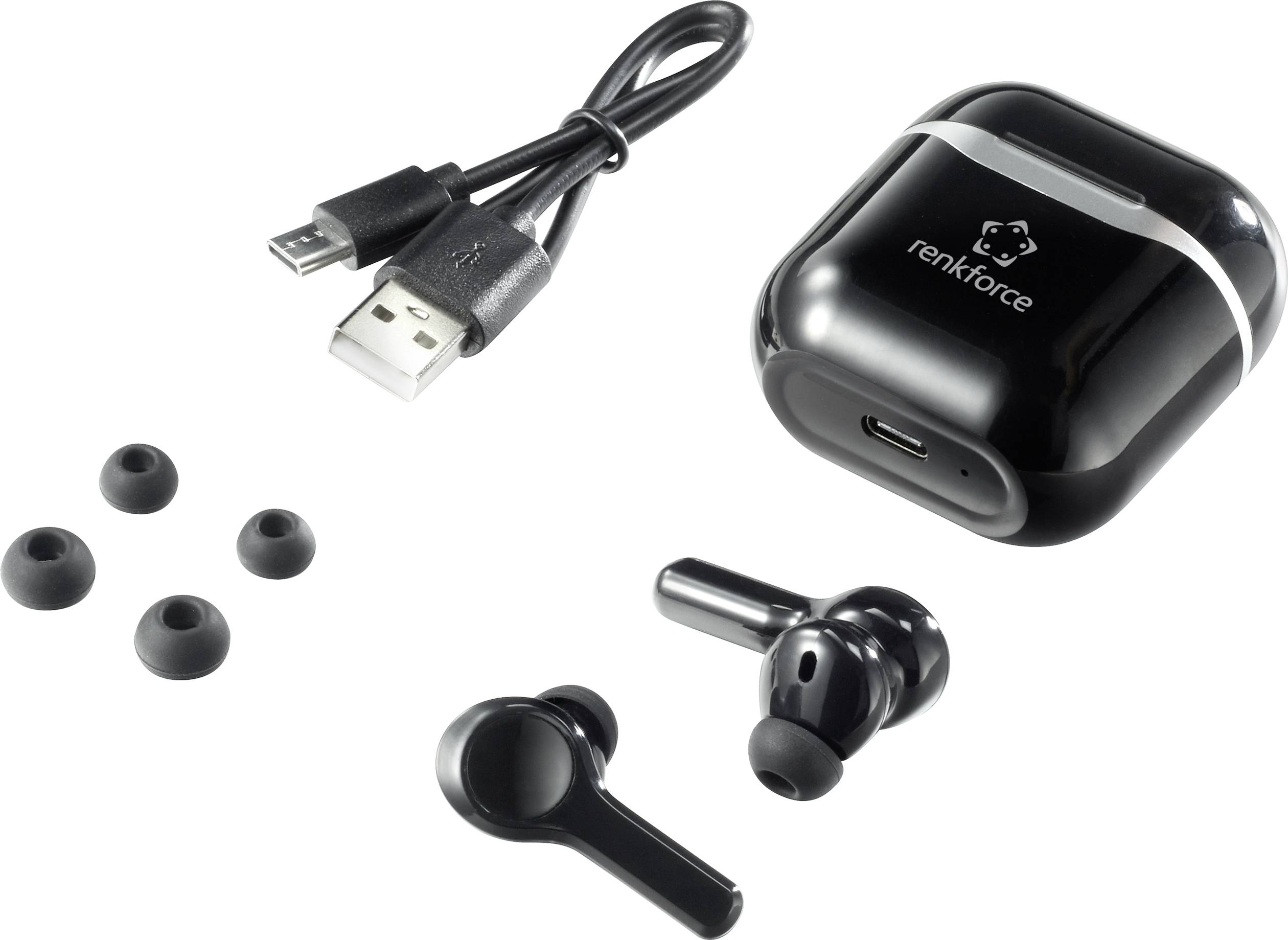 Trådløse in-ear høretelefoner med opladningsetui, USB-ladekabel og reserveørepropper. Moderne sort design, mærket 'Renkforce'.