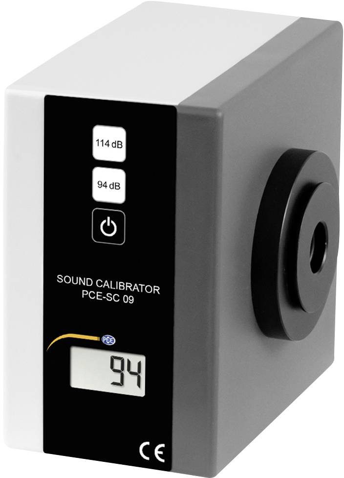 En lydkalibrator med indstillinger på 114 dB og 94 dB. Et display viser '94'. Bruges til kontrol af lydniveaumålere.