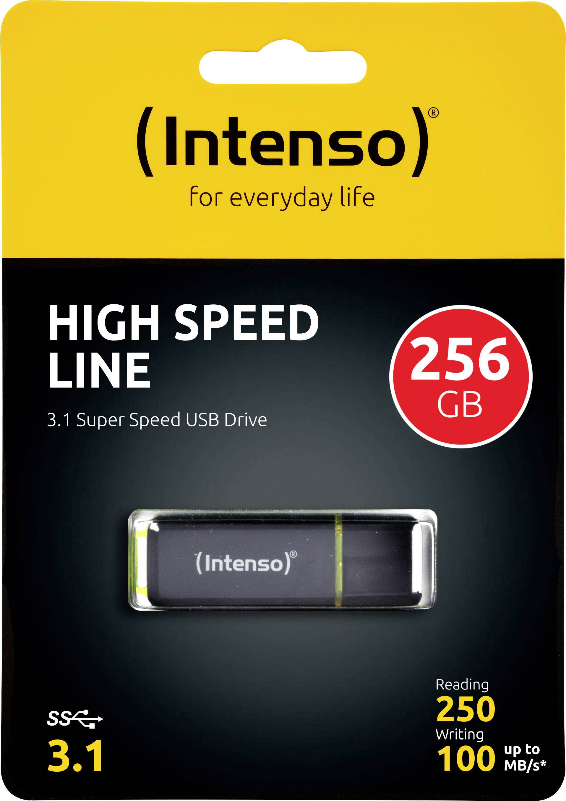 'Intenso High Speed Line' USB-stik, 256 GB, 3.1 Super Speed, Læsehastighed 250 MB/s, Skrivehastighed op til 100 MB/s, Blisterpakning.