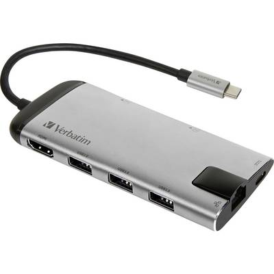 En sølvfarvet USB-C hub med mærkelogo, som tilbyder flere tilslutninger: HDMI, USB og SD-kortplads, velegnet til bærbare computere.