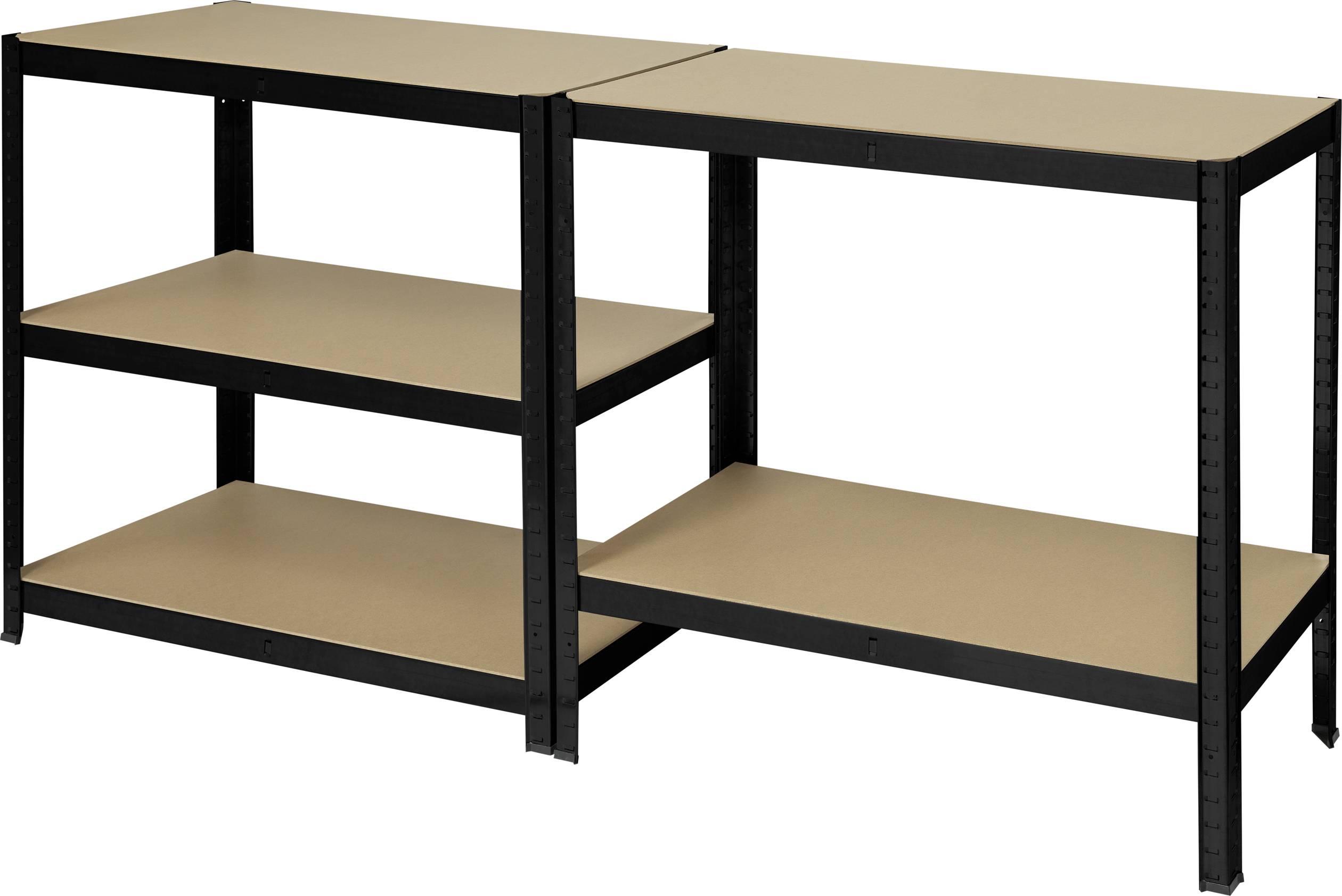 Et robust reol med sort metalramme og tre MDF-hylder. Ideel løsning til opbevaring i garager eller værksteder.