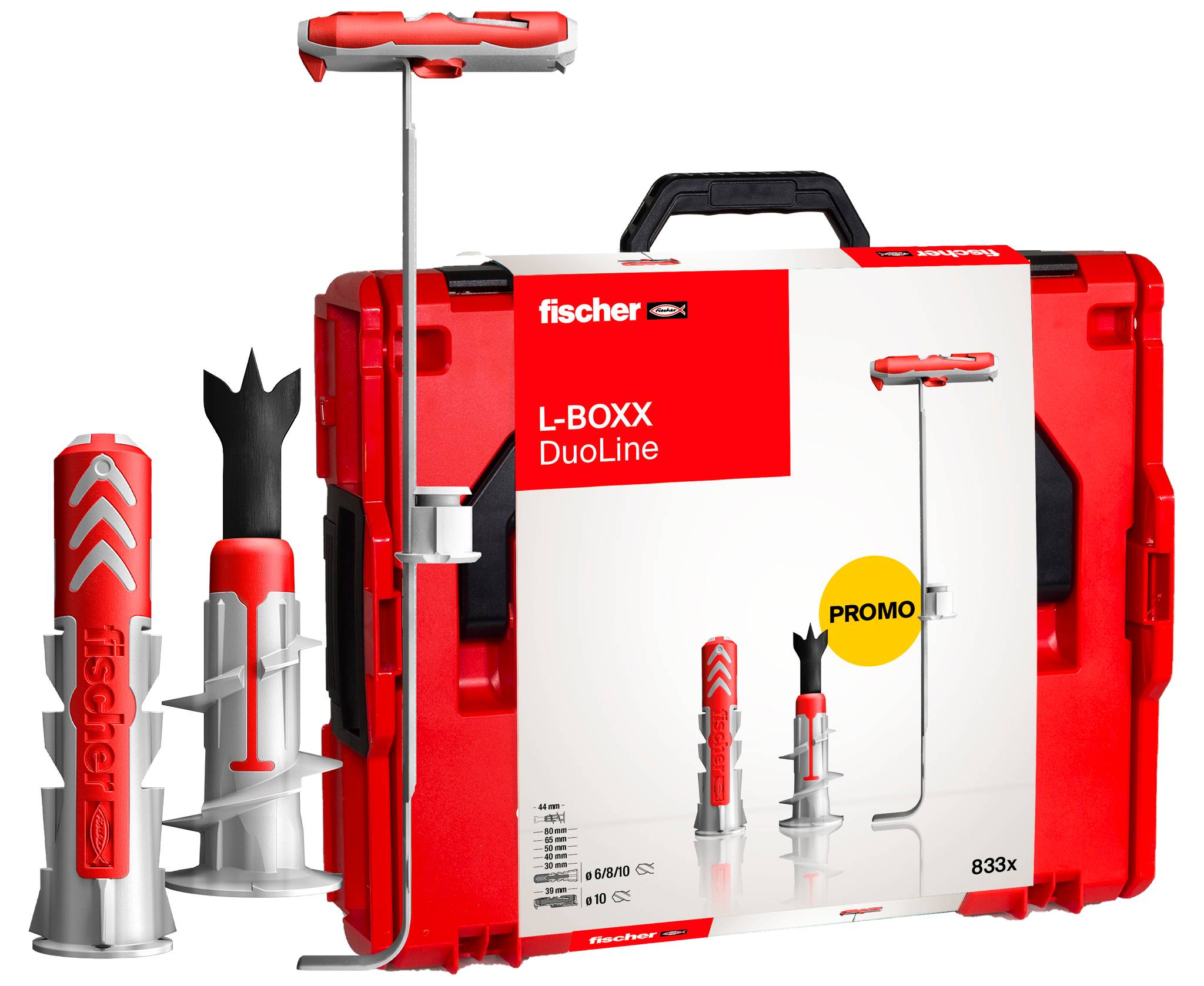 Rød Fischer L-BOXX DuoLine værktøjskasse med vægankre og installationsværktøj, mærket 'PROMO' og 'fischer'.