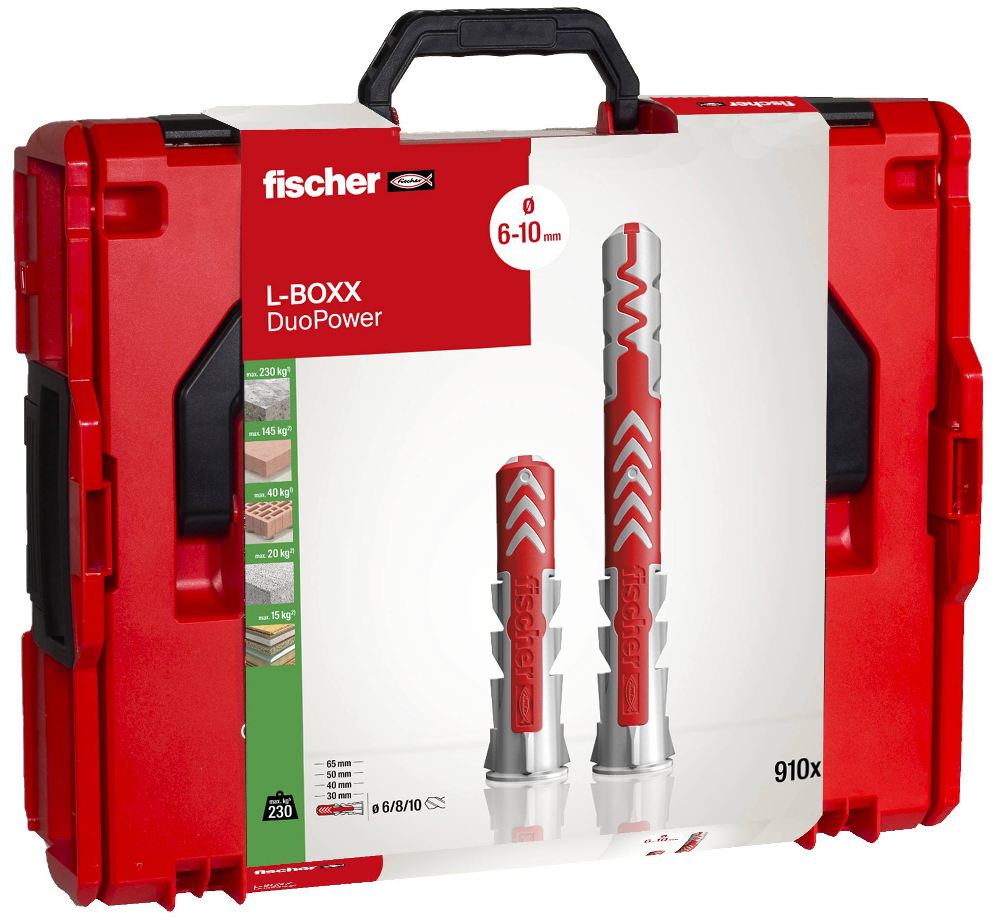 Rød værktøjskasse med påskriften 'fischer L-BOXX DuoPower'. Der er vist to rawlplugs med størrelsesangivelse 6-10 mm og yderligere information.