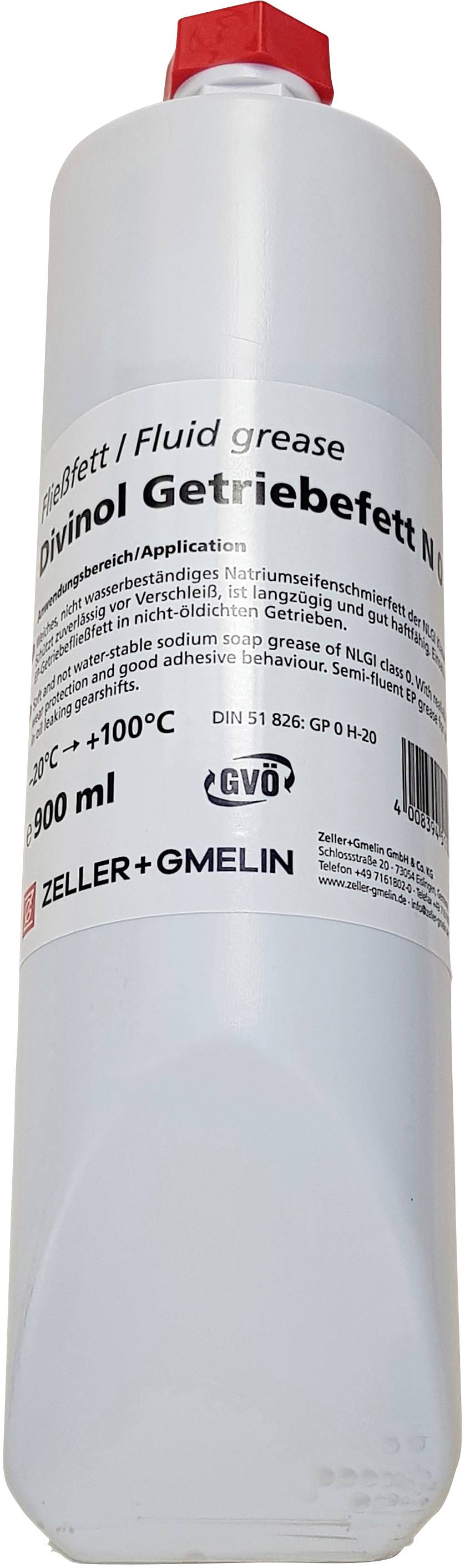 Cylinderformet flaske med rød hætte og etiket 'Divinol Gearkasse Fedt N'. Indeholder 900 ml smøremiddel til temperaturområde fra -30°C til +100°C.