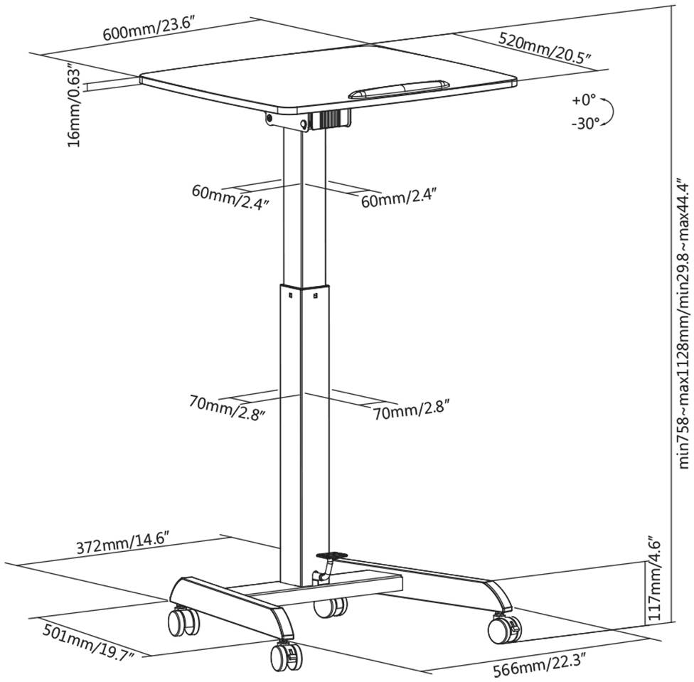 Et højdejusterbart bord på hjul med mål: Bredde 600 mm, dybde 520 mm, højde justerbar fra 758 mm til 1128 mm.