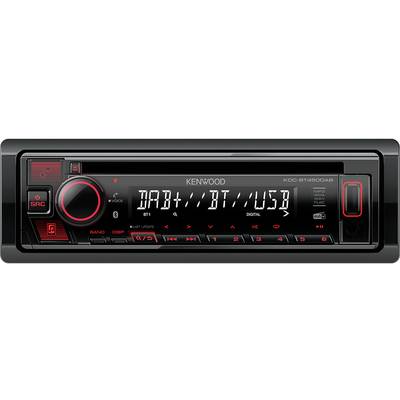 Sort Kenwood-bilradio med display. Viser valgmulighederne 'DAB', 'BT', 'USB'. Flere knapper nedenunder til betjening af funktionerne.
