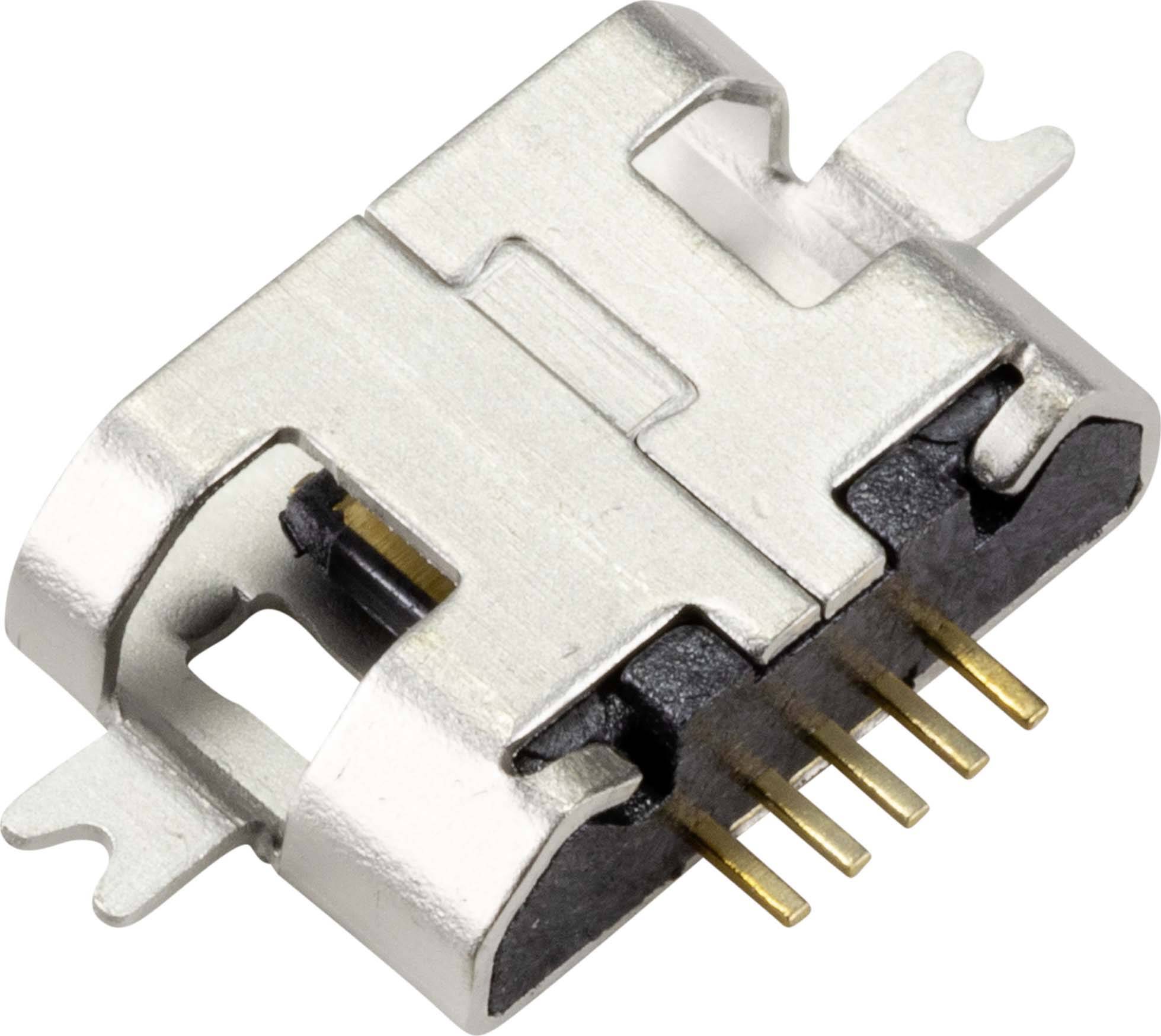 Mikro-USB-stik på hvid baggrund, set med kontakterne synlige, metalkapsel med plastbase.