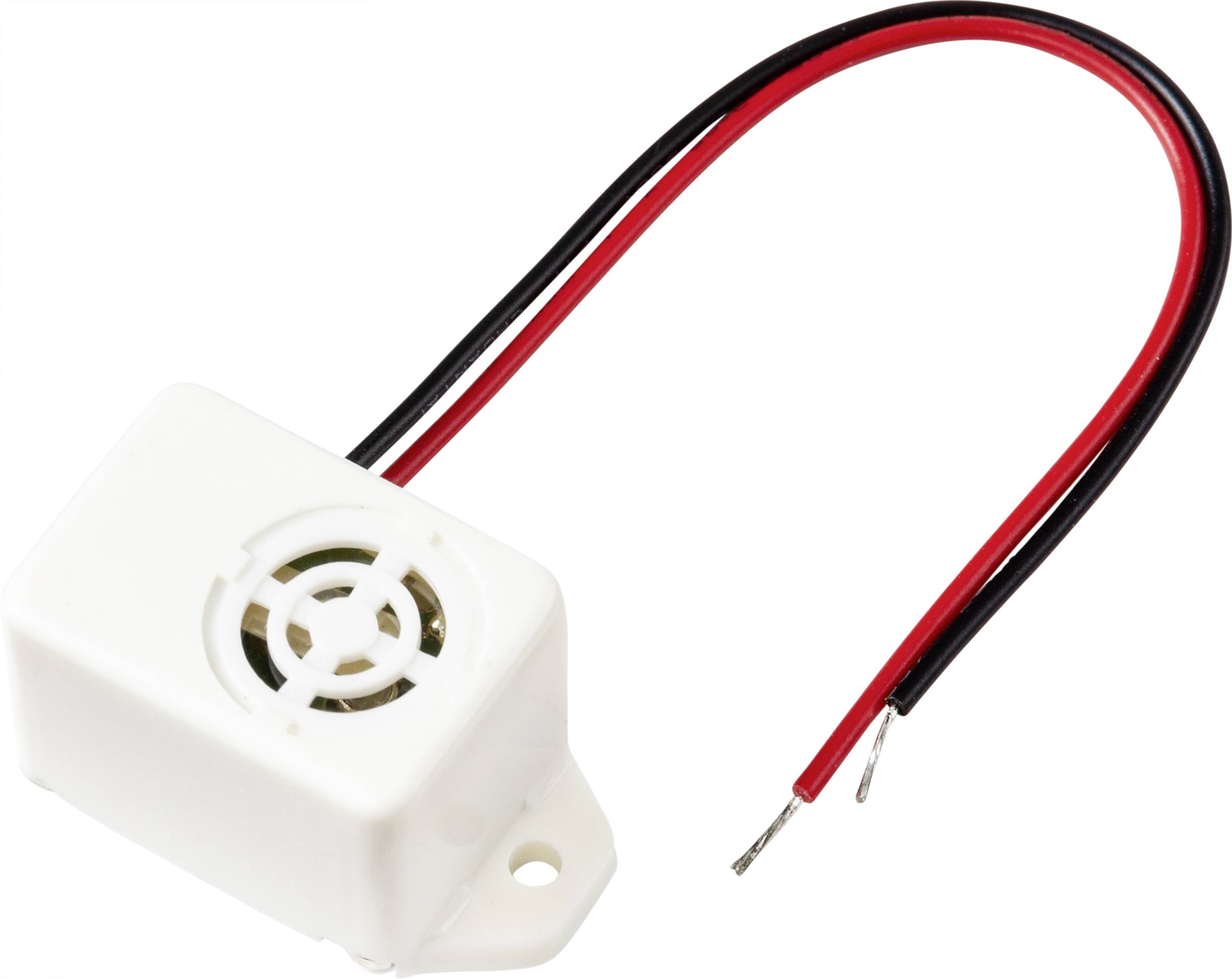 En hvid elektrisk buzzer med to fremstående ledninger, en rød og en sort, til tilslutning til en strømkilde.
