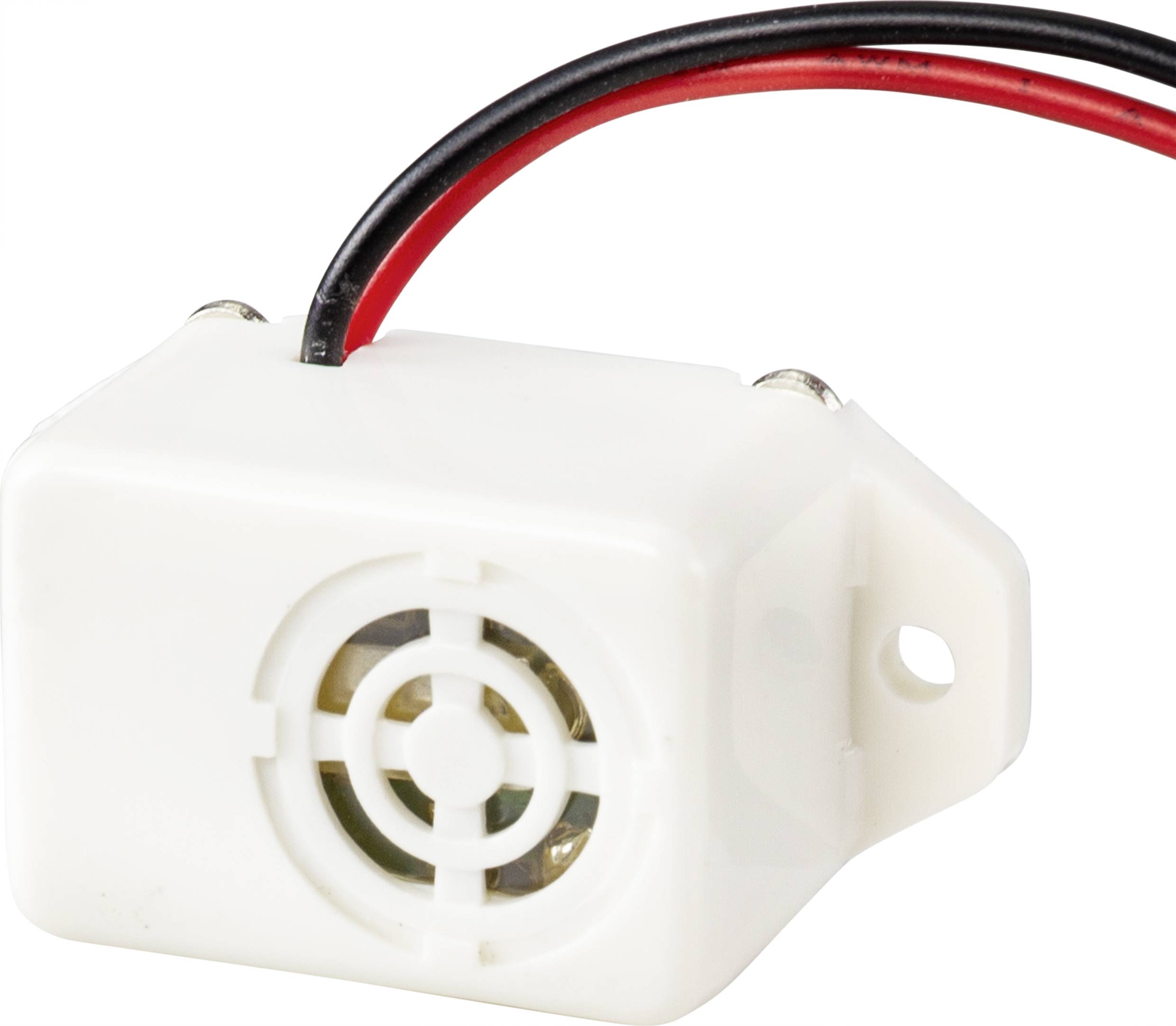 Hvid mini-højttaler med røde og sorte tilslutningsledninger, egnet til montering i elektroniske enheder.