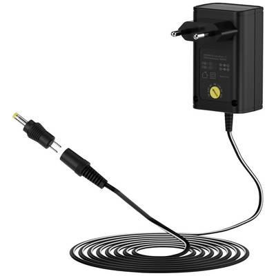 Sort strømforsyning med EU-stik og gult indstillingshjul viser, hvordan elektricitet overføres via et kabel med et DC-stik.