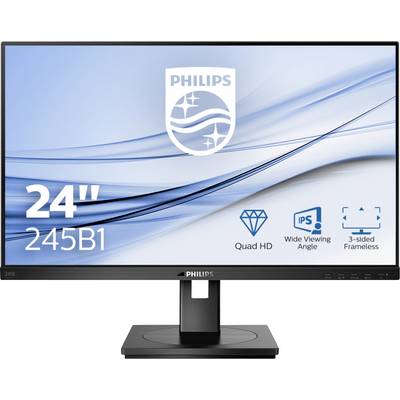 En Philips-skærm viser modellen '24" 245B1'. Egenskaber: Quad HD, IPS-skærm med bred synsvinkel, kant-til-kant design.