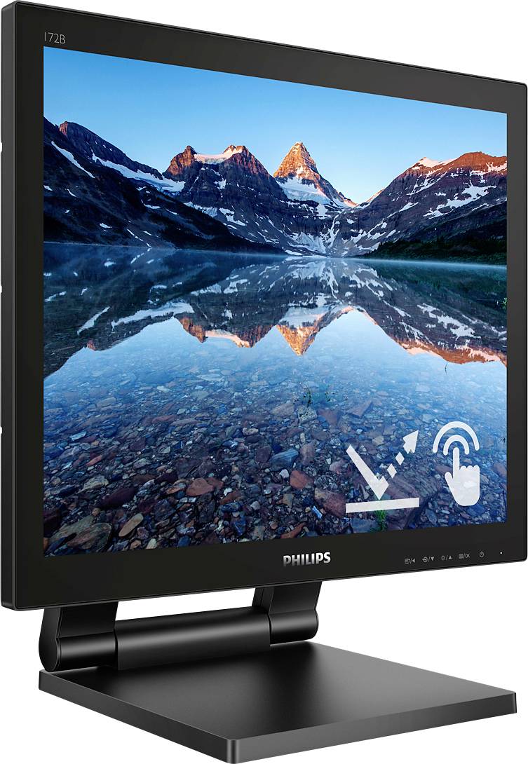 En Philips-skærm med et billede af bjerge og en sø på skærmen. Displayet viser symboler for touchscreen-funktioner.
