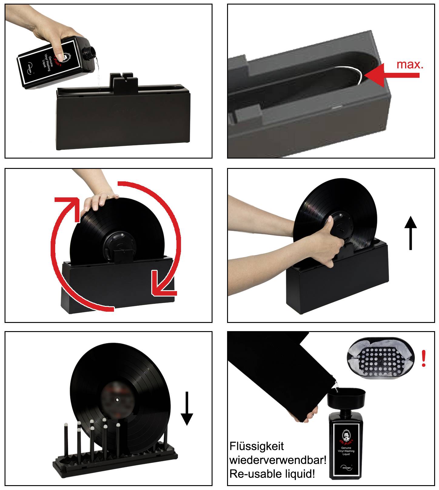 Vejledning til rengøring af grammofonplader: Fyld væsken op til den maksimale markering, indsæt pladen, drej rundt. Væsken kan genbruges.