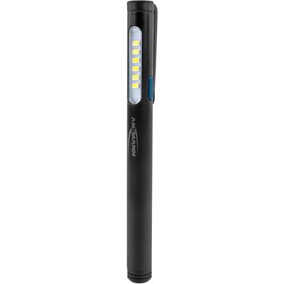 Sort lommelygte med sidevejs clips og seks gule LED-lys, hvis design er optimeret til kompakt og transportabel brug.