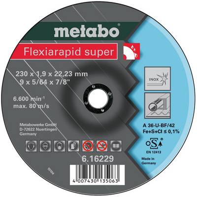 Metabo Flexiarapid super skæreskive etiket med specifikationer: 230 x 1,9 x 22,23 mm, 6.600/min max 80 m/s, til rustfrit stål, type A 36-U-BF/42.
