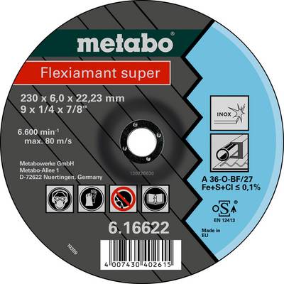 Metabo Flexiamant super slibeskive til knive, 230 x 6,0 x 22,23 mm, med sikkerhedsikoner, stregkode og produktnummer 6.16622.