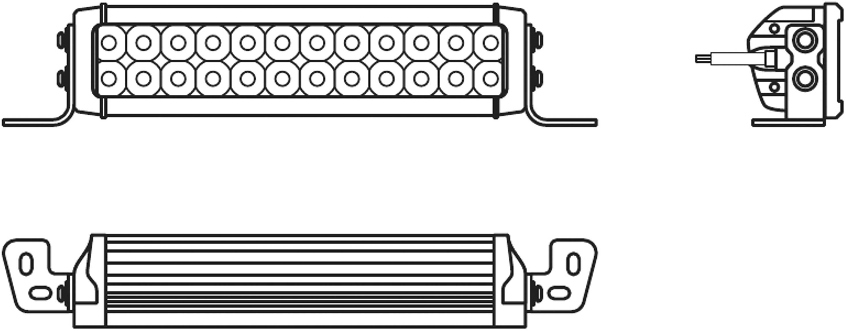Teknisk tegning af en LED-skinne med beslag, for- og sidevisning, viser cirkulær LED-placering og tilslutningsdetaljer.