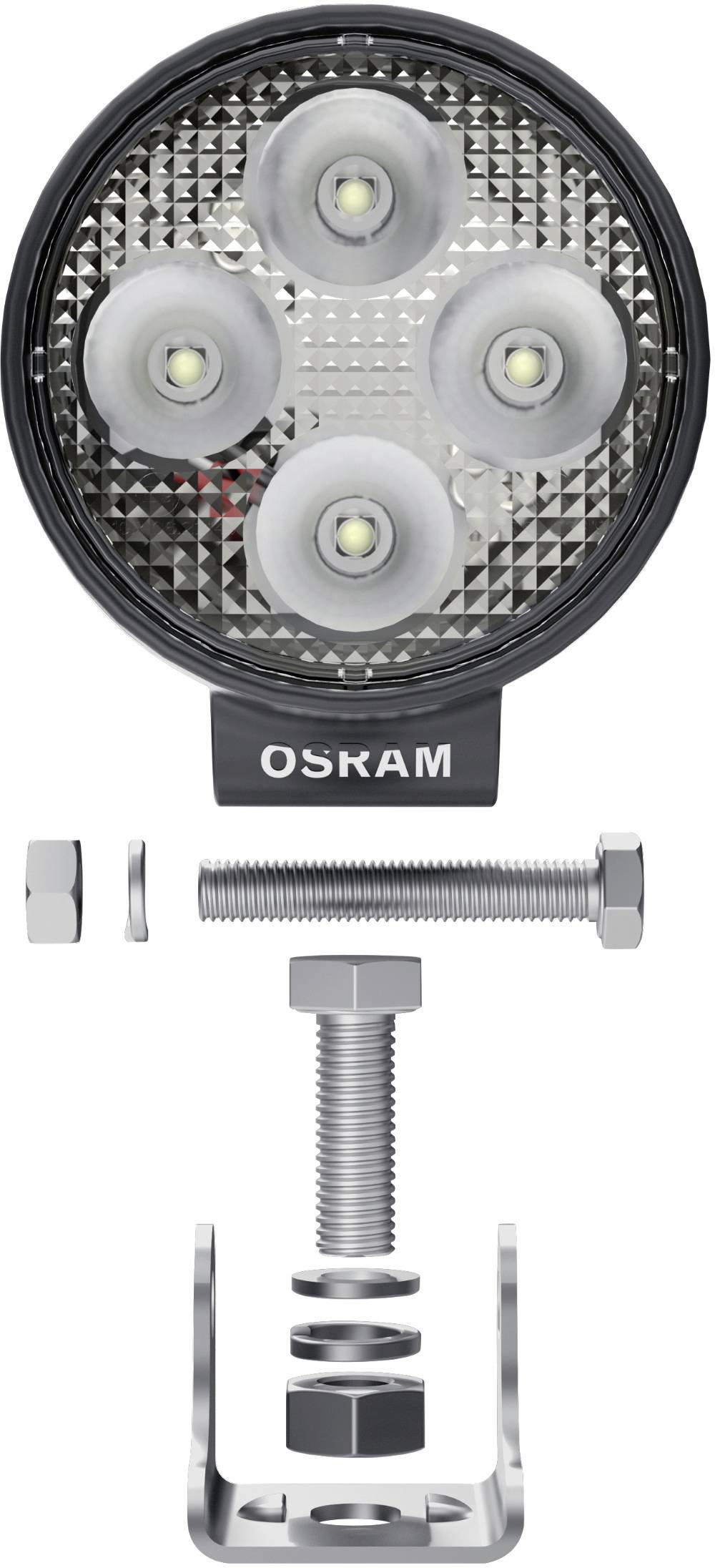 Rund LED-projektør med fem linser og OSRAM-logo, herunder monteringsmateriale bestående af skruer, møtrikker og beslag.
