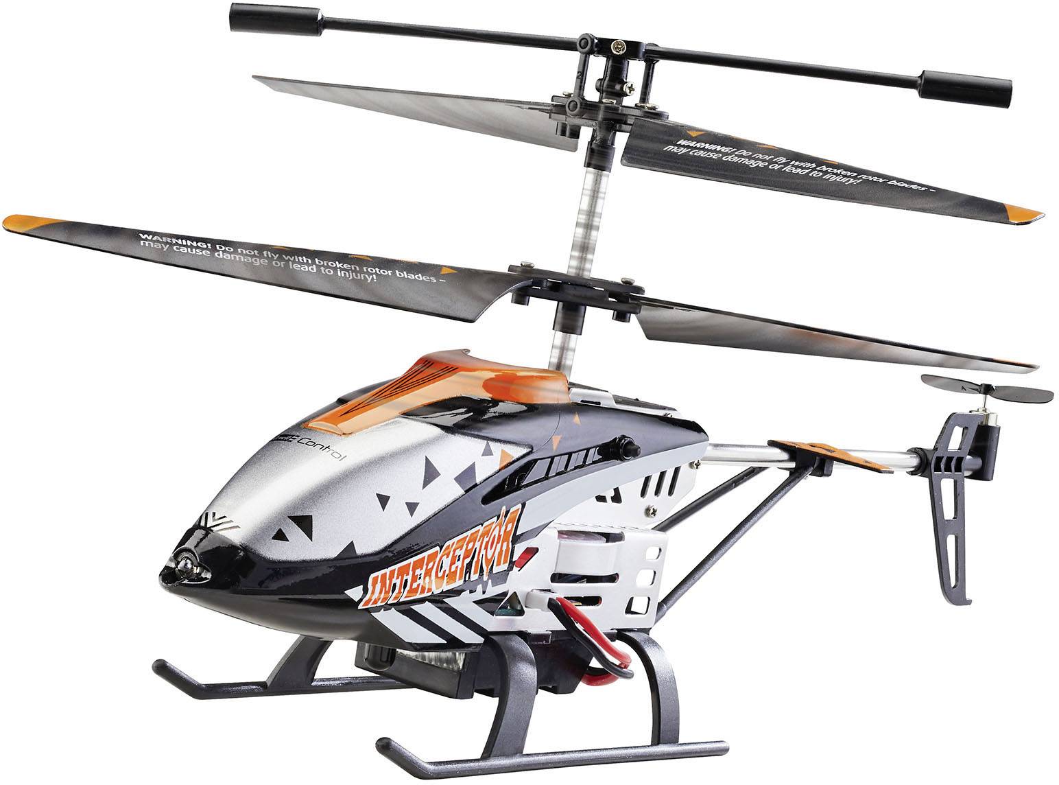 En legetøjshelikopter med to rotorblade og orange-sort-hvid bemaling. Teksten 'Interceptor' er skrevet på siden.